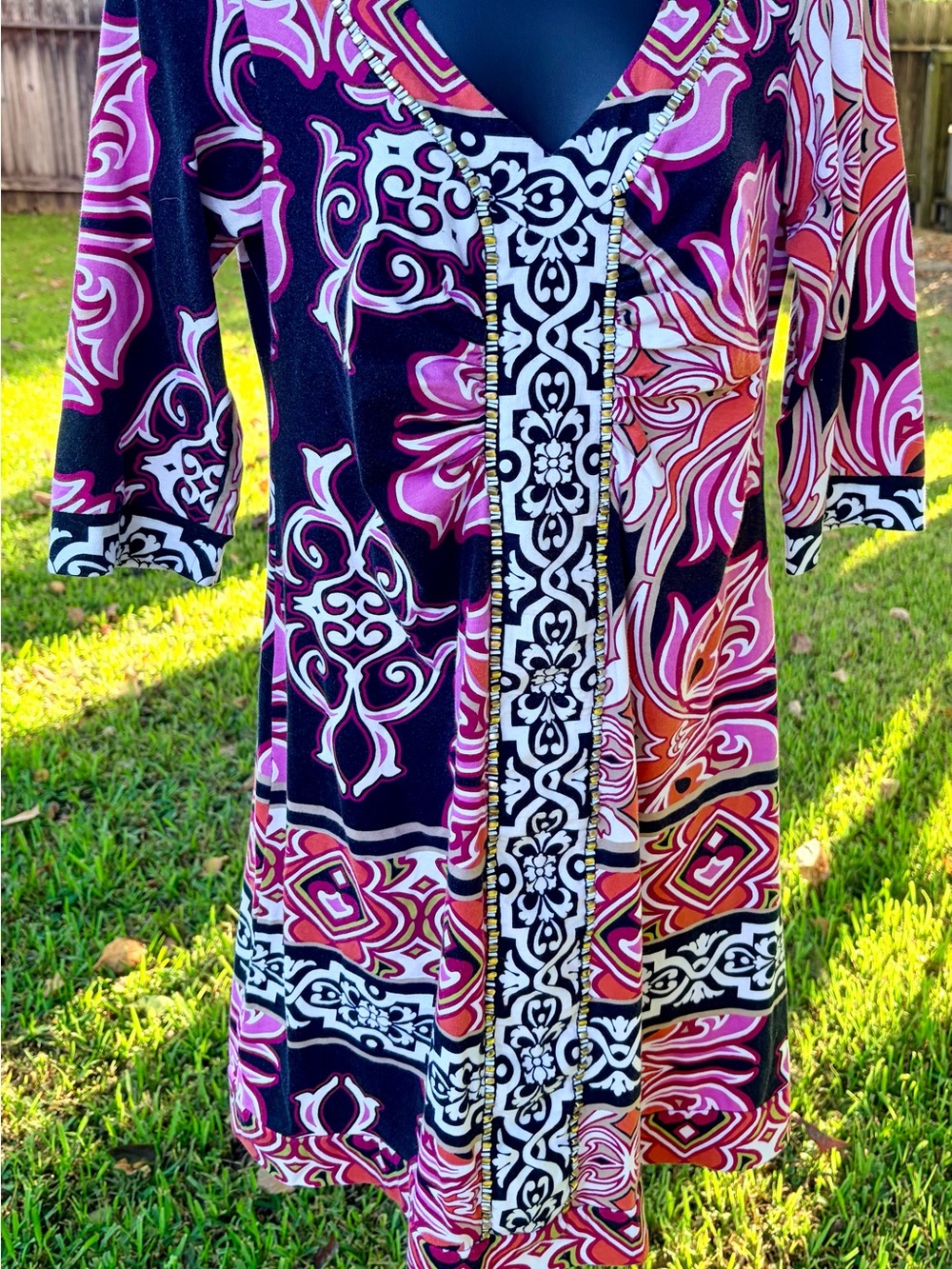 Joyous & Free Women's Pink & Black Patterned V-Neck Dress